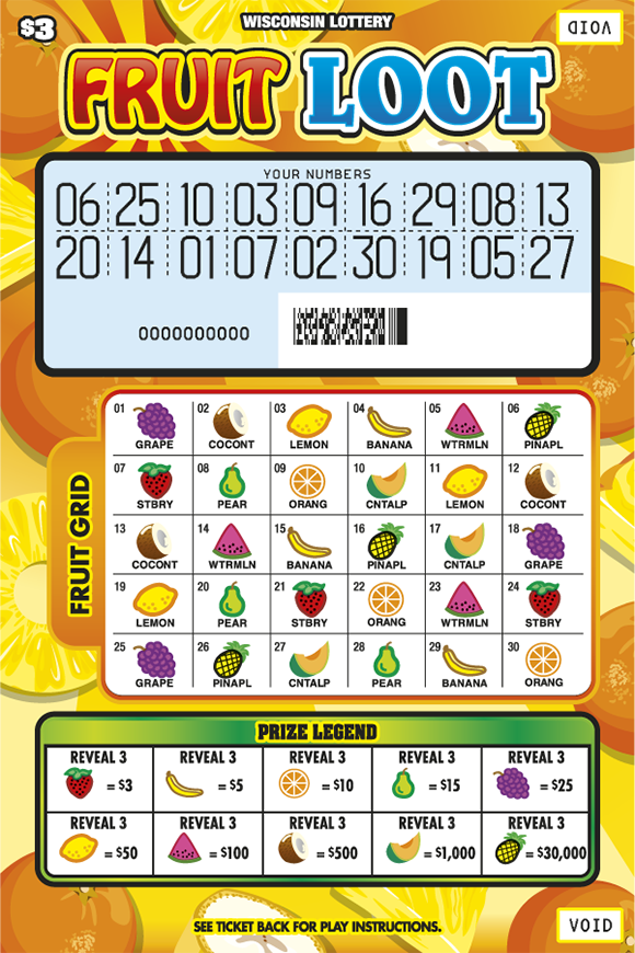 Wisconsin Scratch Game, Fruit Loot variety of orange and yellow fruit background with red, blue, yellow, and green text, scratched.