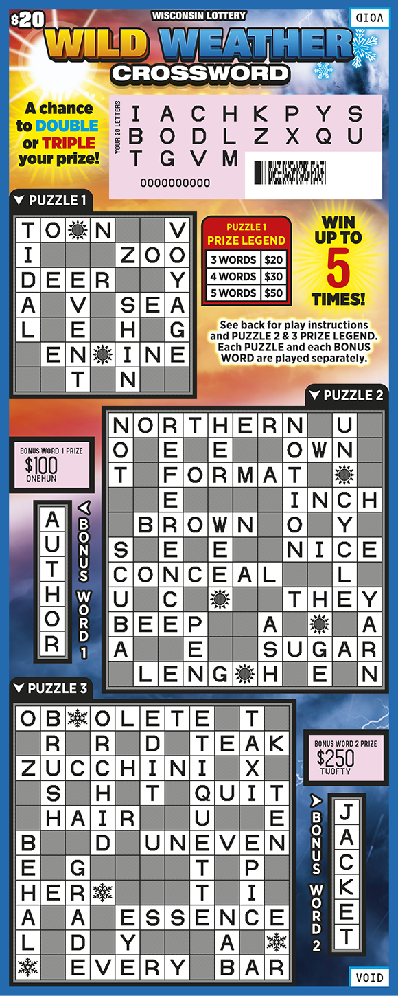 Wisconsin Scratch Game, Wild Weather Crossword sunny sky and snowy weather background with yellow, blue, and white text, scratched.