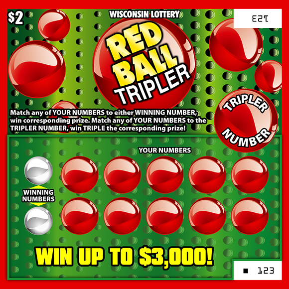 Wisconsin Scratch Game, Red Ball Tripler green background with red balls and yellow text.