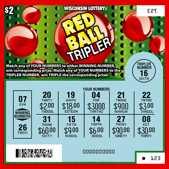 Wisconsin Scratch Game, Red Ball Tripler green background with red balls and yellow text, scratched.