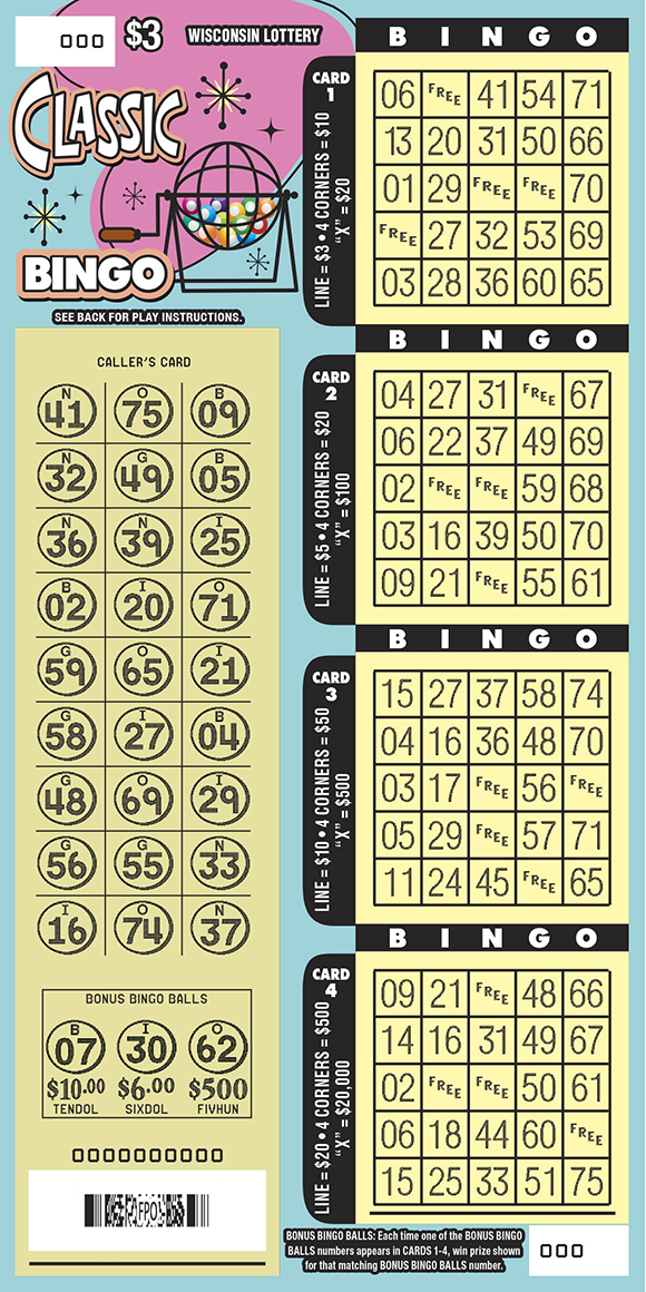 Wisconsin Scratch Game, Classic Bingo ticket art, scratched.