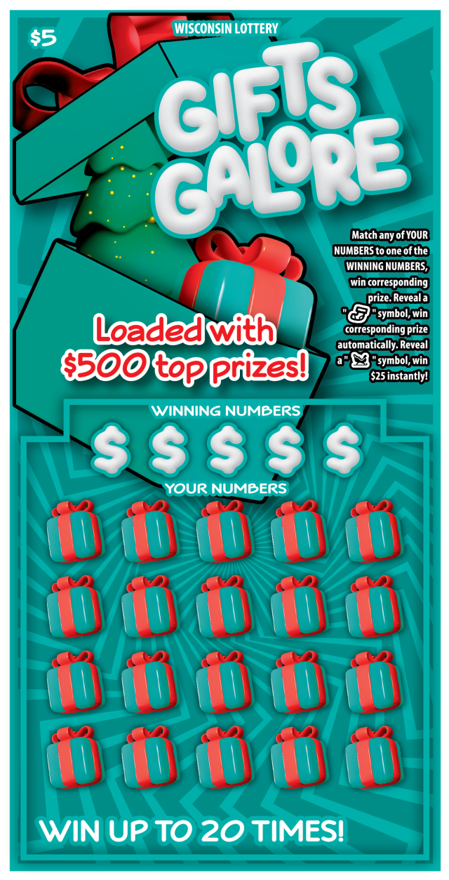 Wisconsin Scratch Game, Gifts Galore ticket art.