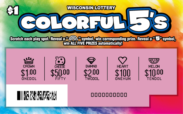 Colorful 5's WI Scratch Game - Scratched Wisconsin Scratch Game, Colorful 5's ticket art, scratched.