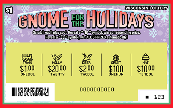 Wisconsin Scratch Game, Gnome For The Holidays ticket art, scratched.