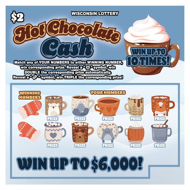 Wisconsin Scratch Game, Hot Chocolate Cash ticket art.