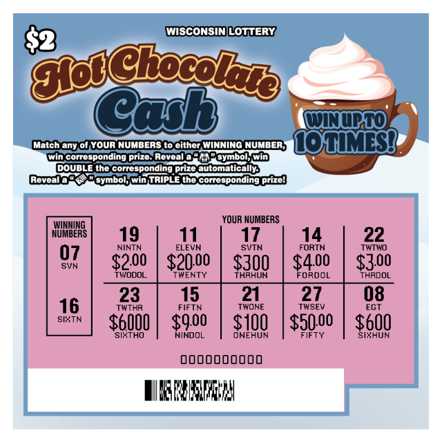 Wisconsin Scratch Game, Hot Chocolate Cash ticket art, scratched.