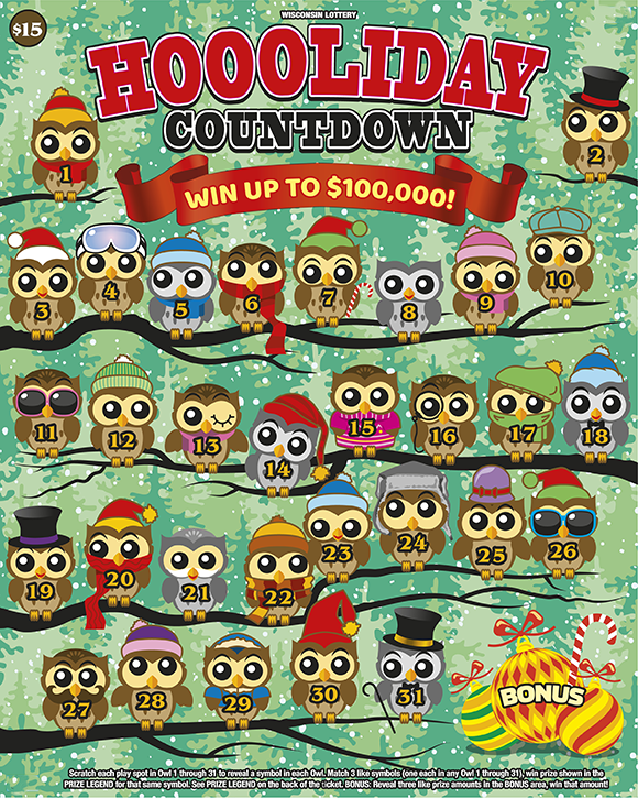 Wisconsin Scratch Game, Hoooliday Countdown ticket art.