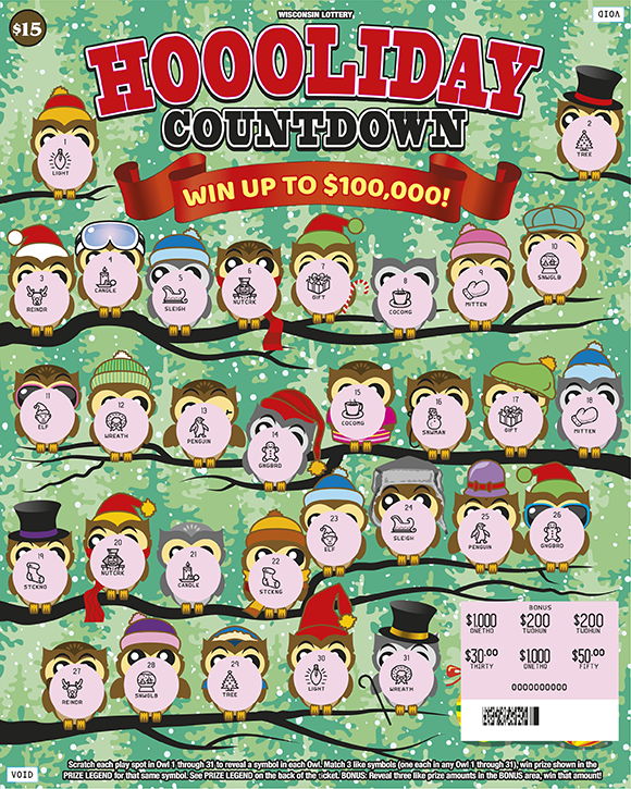 Wisconsin Scratch Game, Hoooliday Countdown ticket art, scratched.