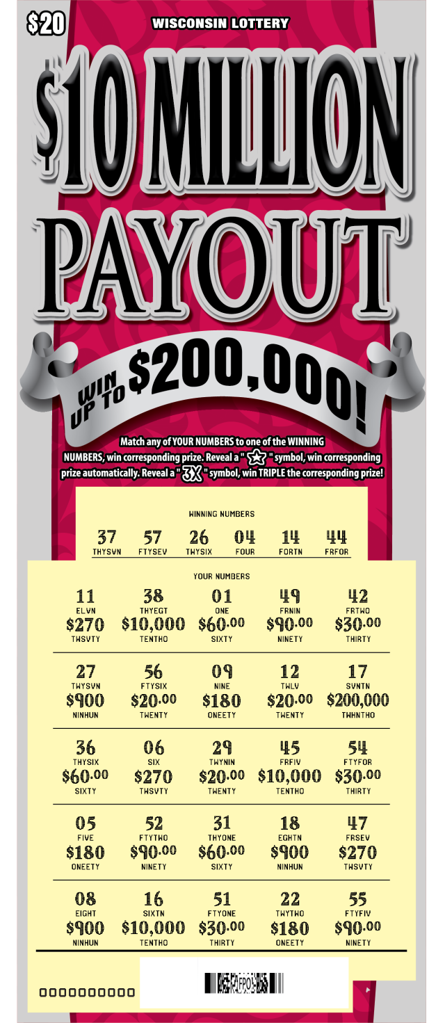 Wisconsin Scratch Game, $10 Million Payout ticket art, scratched.