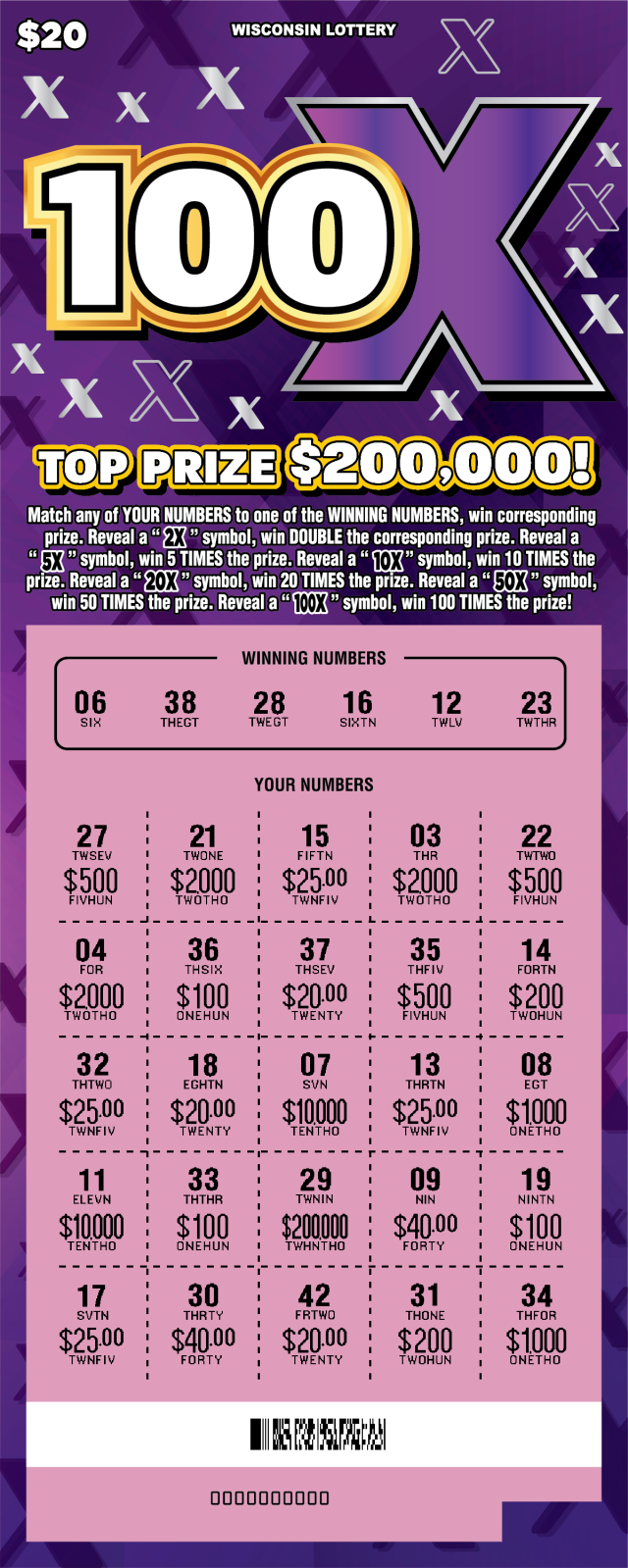 Wisconsin Scratch Game, 100X ticket art, scratched.