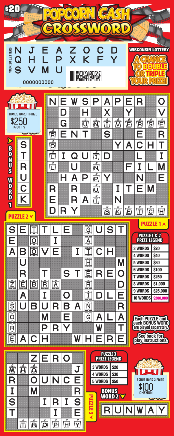 Popcorn Cash Crossword WI Scratch Game - Scratched Wisconsin Scratch Game, Popcorn Cash Crossword ticket art, revealed.