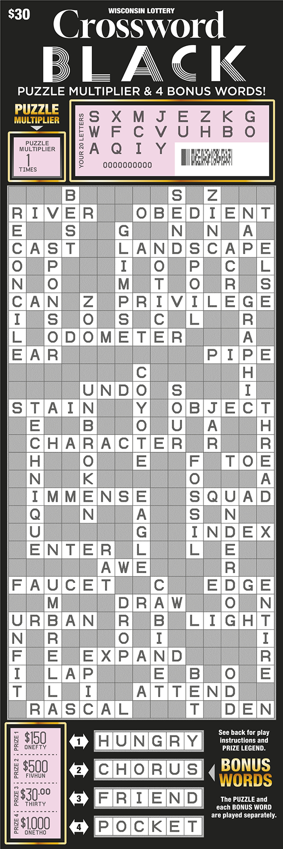 Wisconsin Scratch Game, Crossword Black, scratched.