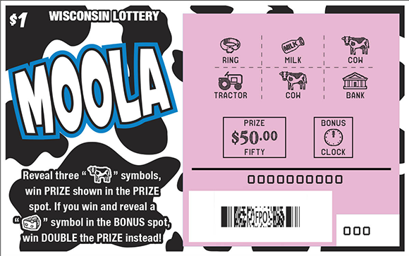 Wisconsin Scratch Game, Moola ticket art, scratched.