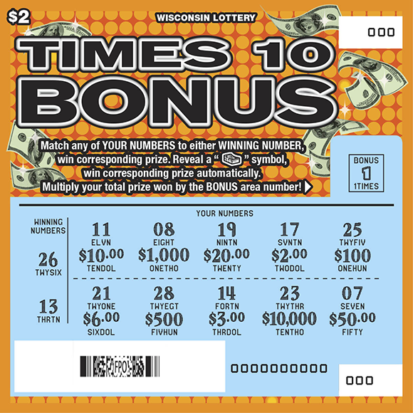 Wisconsin Scratch Game, Times 10 Bonus, scratched.