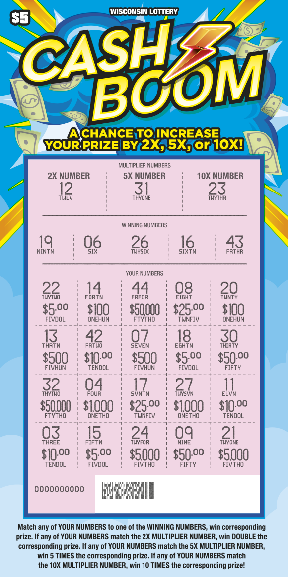 Cash Boom WI Scratch Game - Scratched Wisconsin Scratch Game, Cash Boom ticket art, scratched.