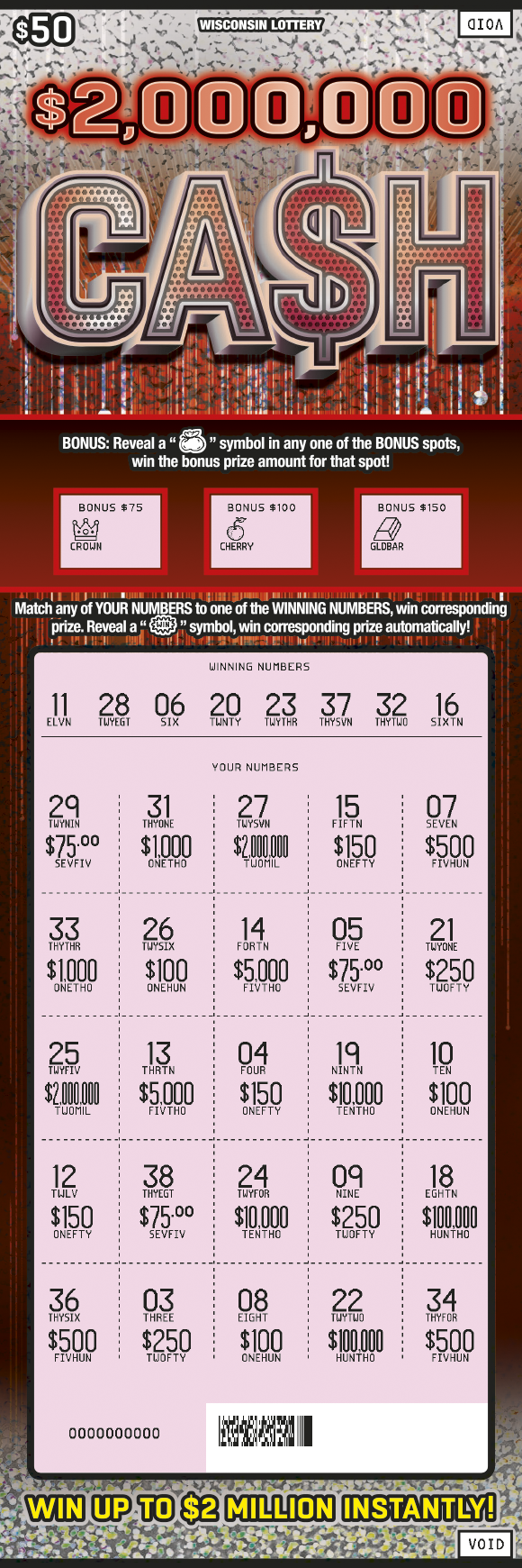 $2000000 Cash WI Scratch Game - Scratched Wisconsin Scratch Game, $2000000 Cash ticket art, scratched.