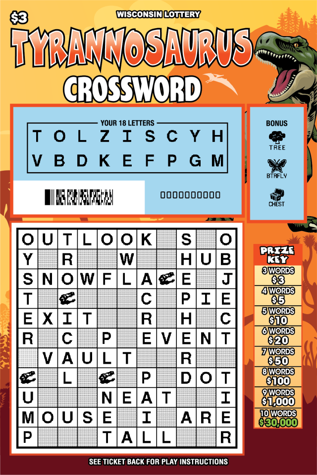 Wisconsin Scratch Game, Tyrannosaurus Crossword, scratched.
