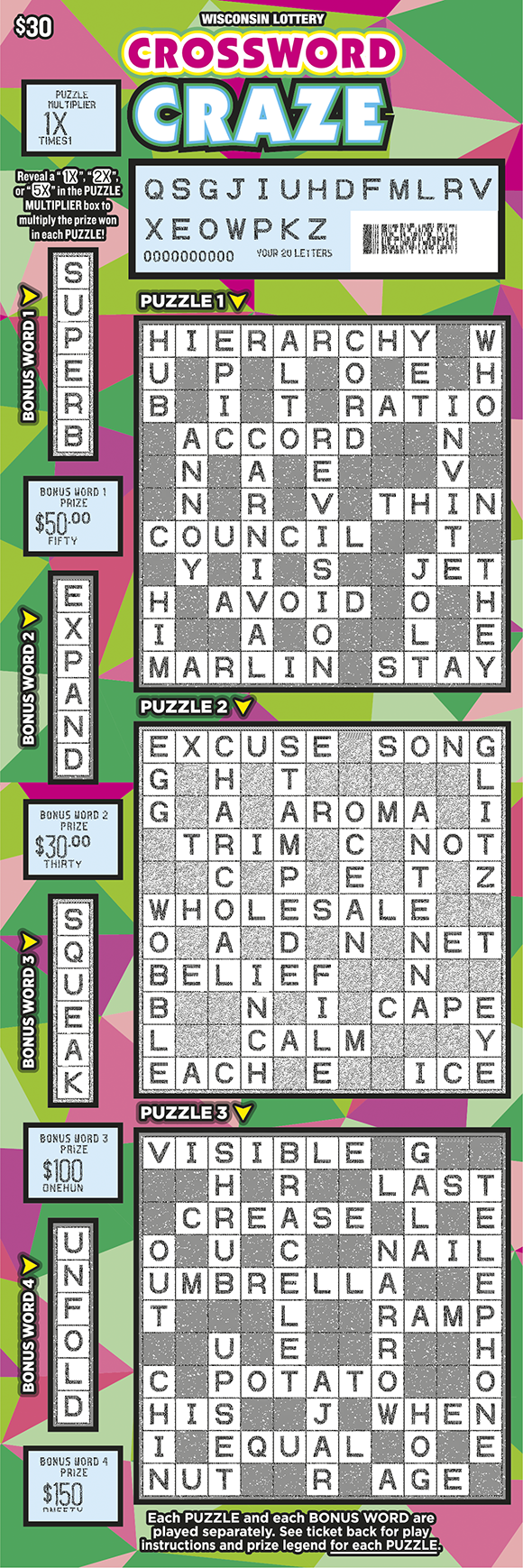 Crossword Craze WI Scratch Game - Scratched Wisconsin Scratch Game, Crossword Craze, scratched.