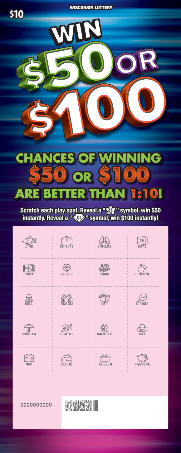 Wisconsin Scratch Game, Win $50 or $100, scratched.