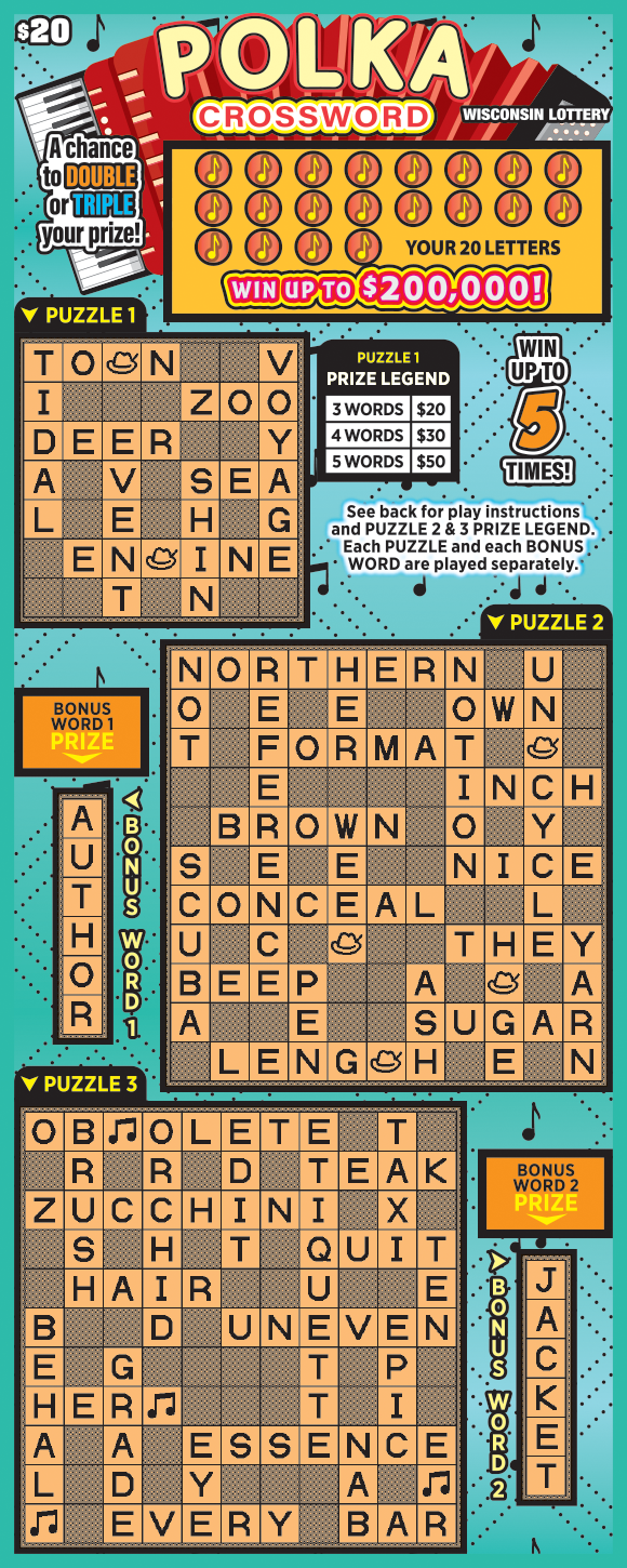Polka Crossword WI Scratch Game Wisconsin Scratch Game, Polka Crossword.