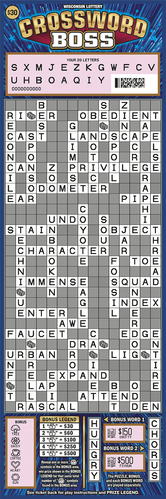 Wisconsin Scratch Game, Crossword Boss, scratched.