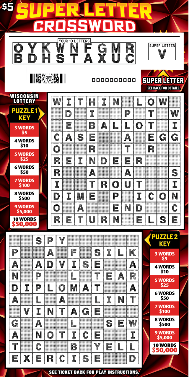Super Letter Crossword WI Scratch Game - Scratched Wisconsin Scratch Game, Super Letter Crossword, scratched.