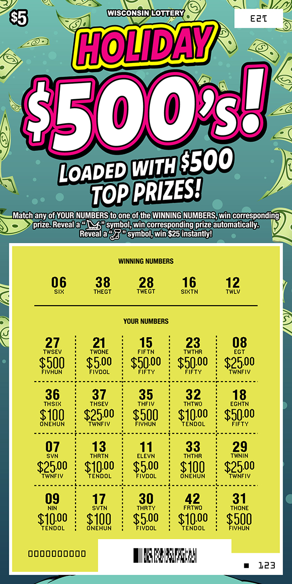 Holiday $500's WI Scratch Game - Scratched Wisconsin Scratch Game, Holiday $500's, scratched.