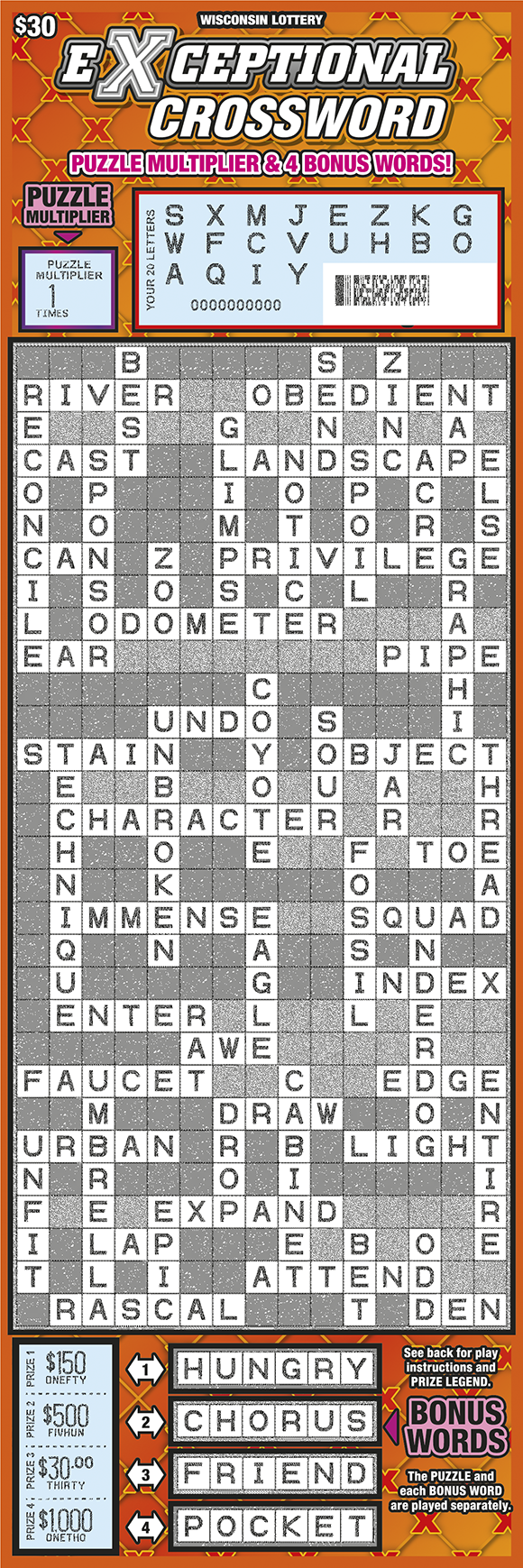 Wisconsin Scratch Game, Exceptional Crossword, scratched.