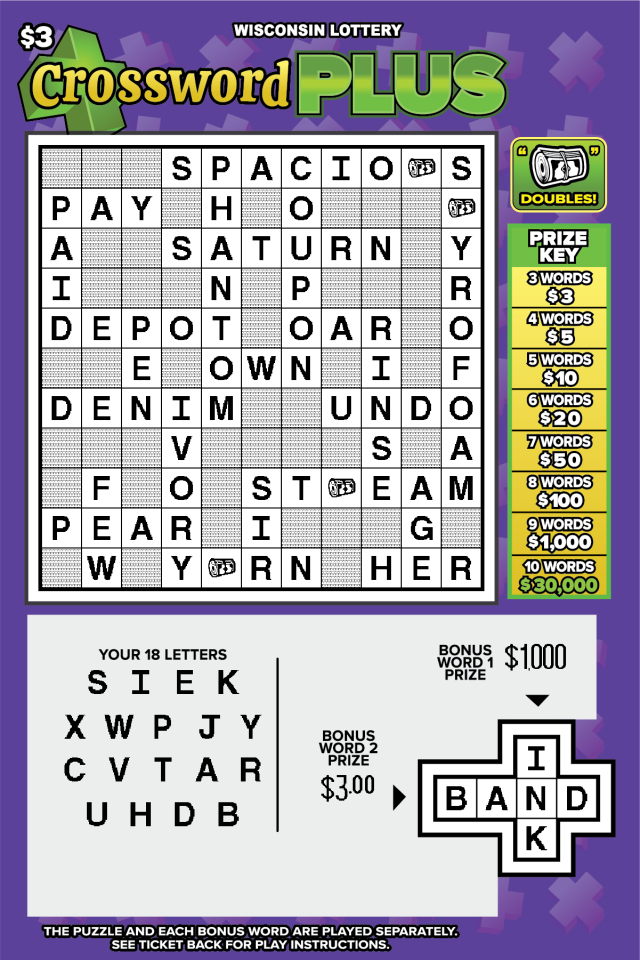 Wisconsin Scratch Game, Crossword Plus, scratched.