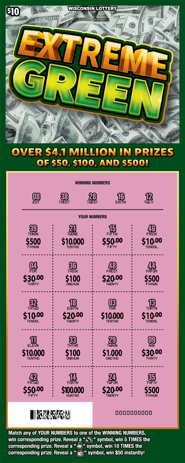 Wisconsin Scratch Game, Extreme Green, scratched.