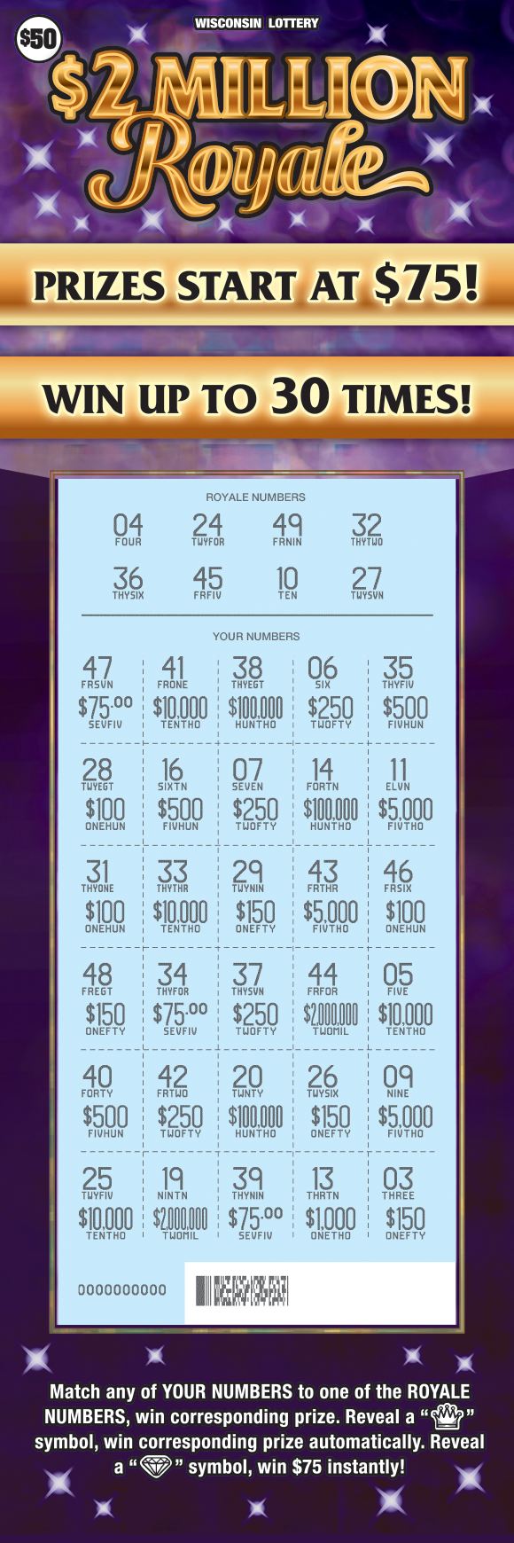 Wisconsin Scratch Game, $2 Million Royale, scratched.