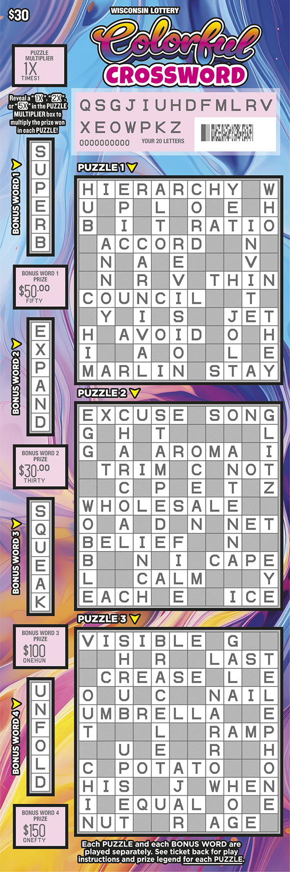 Wisconsin Scratch Game, Colorful Crossword, scratched.