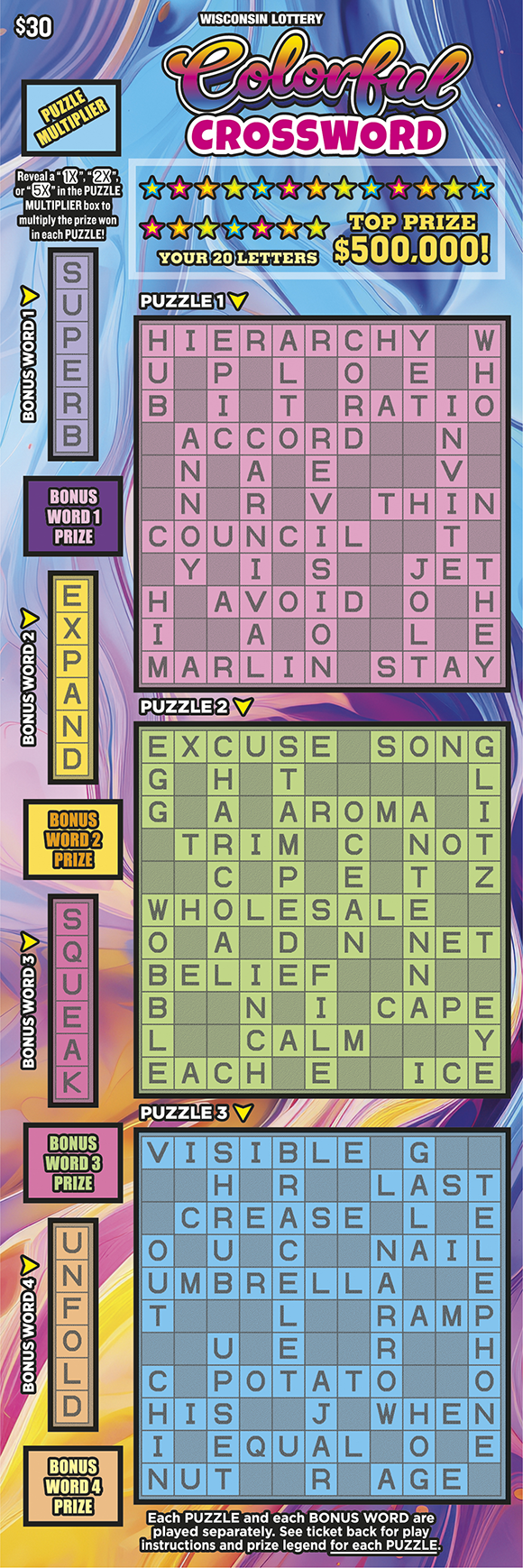 COLORFUL CROSSWORD scratch game from Wisconsin Lottery