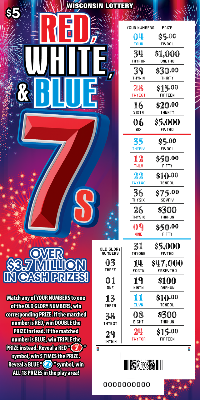 Wisconsin Scratch Game, Red, White, & Blue 7s, scratched.