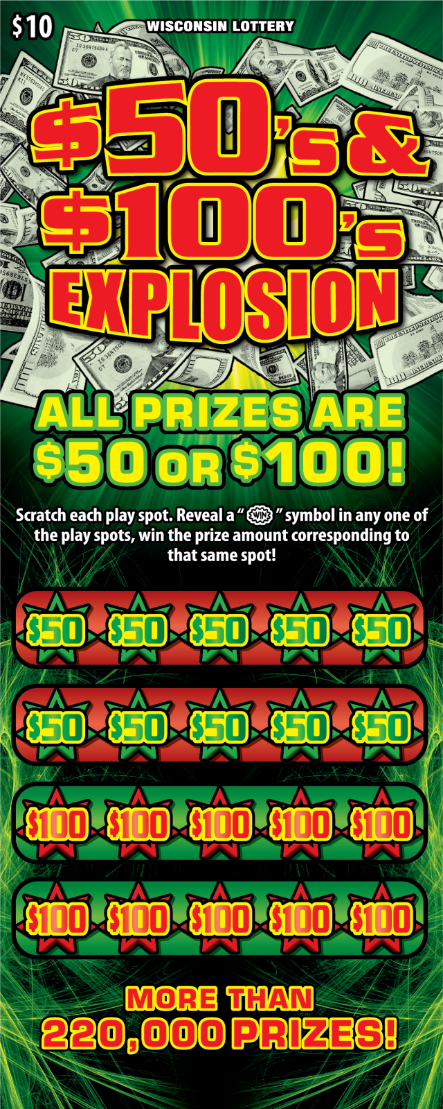 $50S & $100S EXPLOSION scratch game from Wisconsin Lottery