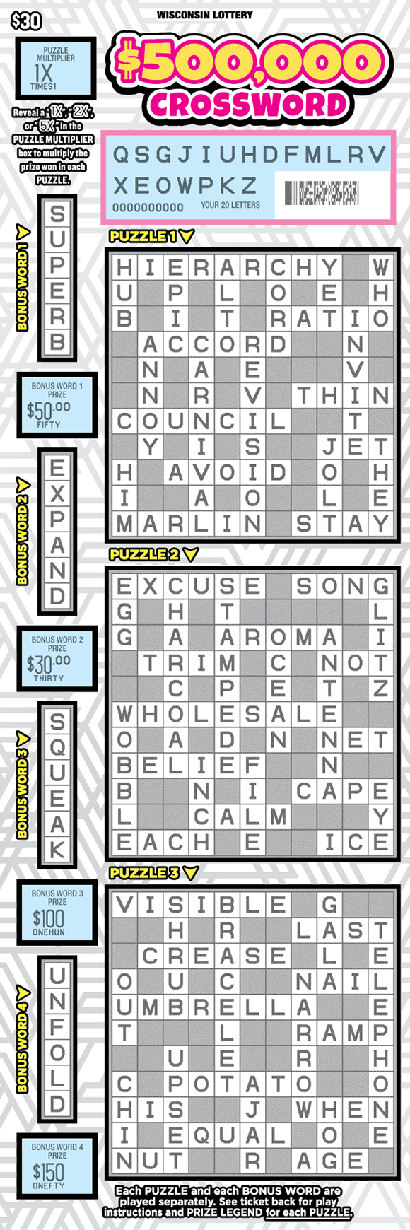 Wisconsin Scratch Game, $500,000 Crossword, scratched.