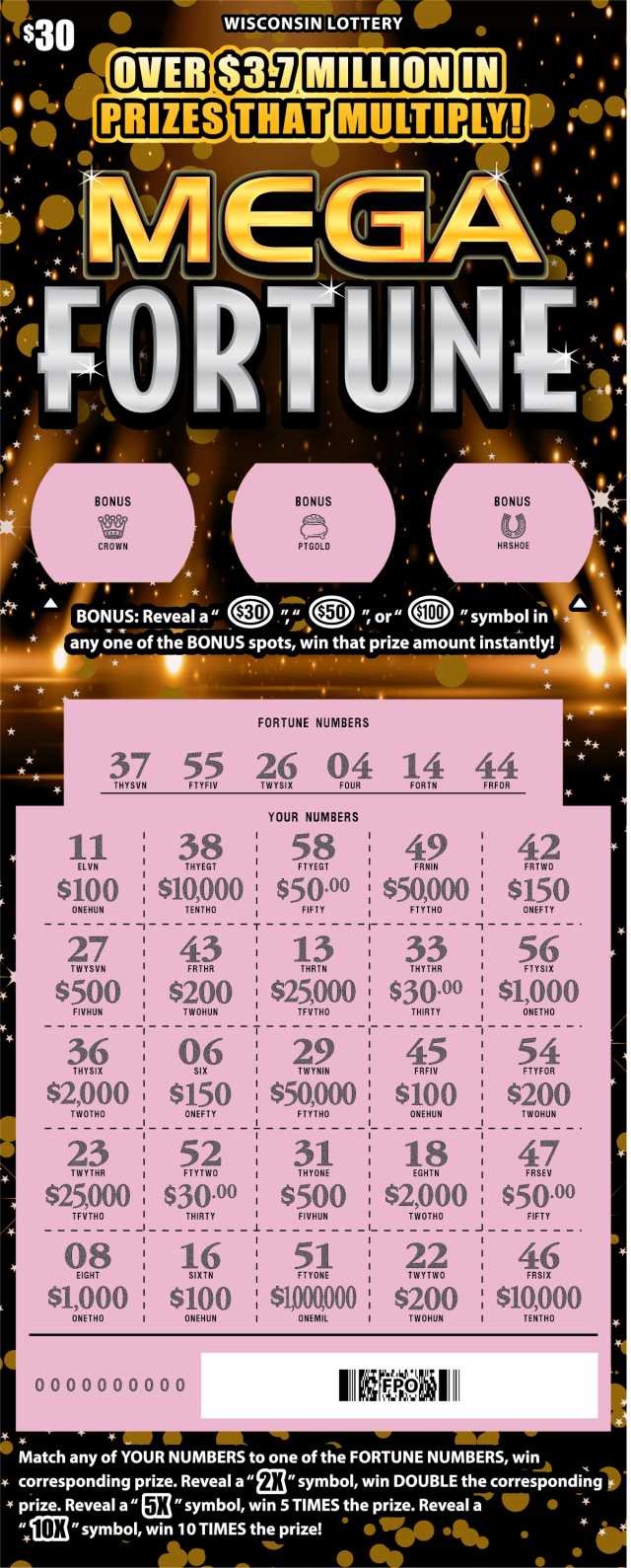 Wisconsin Scratch Game, Mega Fortune, scratched.