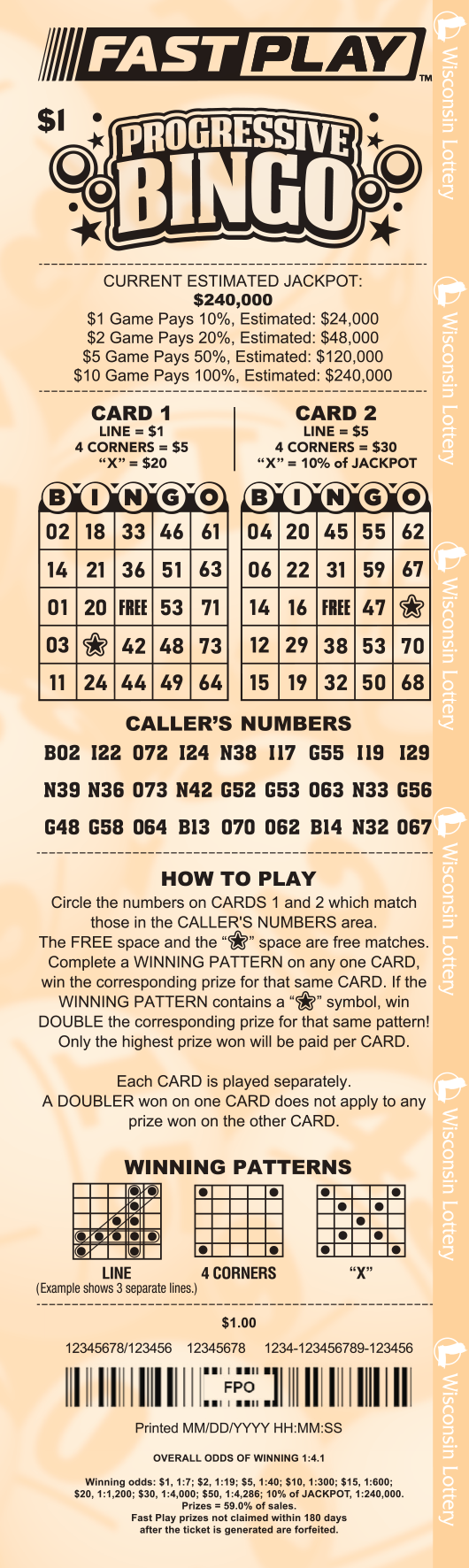 Wisconsin Lottery Fast Play Progressive Bingo ticket with black ink