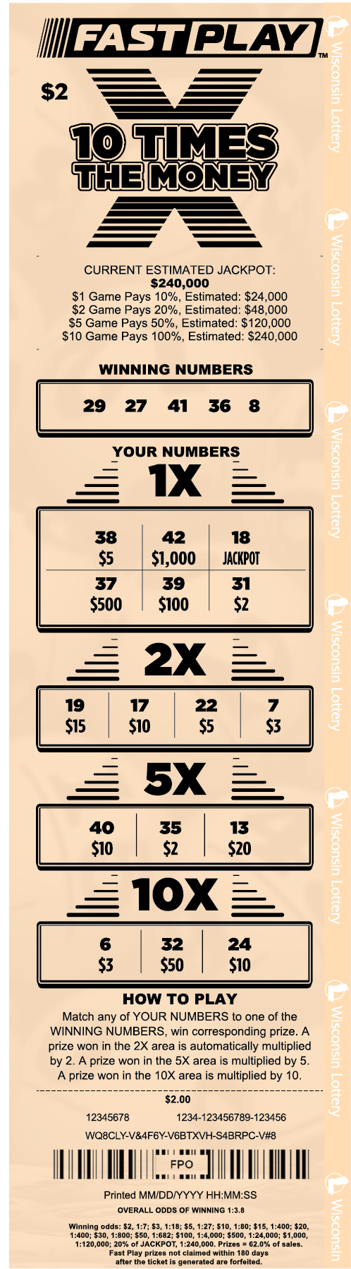 Wisconsin Lottery Fast Play 10 Times the Money