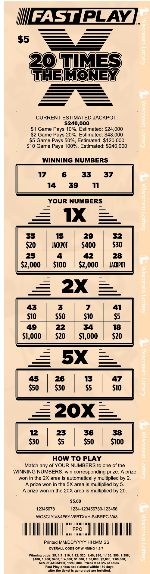 Wisconsin Lottery Fast Play 20 Times the Money