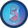 Blue circle with blue and pink Madison Forward logo